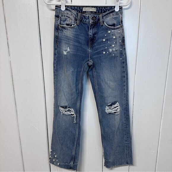 Zara Basic Z1975 Distressed Jeans with Pearls details, Size 00, Blue - Picture 1 of 8